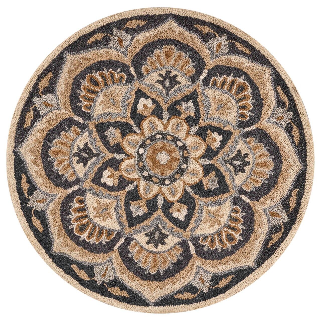 Laddha Home Designs 6' Black and Beige Floral Hand Tufted Round Wool Area Throw Rug